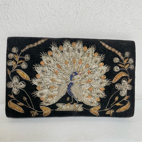 Vintage Mid-Century Modern Zadozi Embroidered Velvet Peacock Clutch Made India - Picture 3 of 17